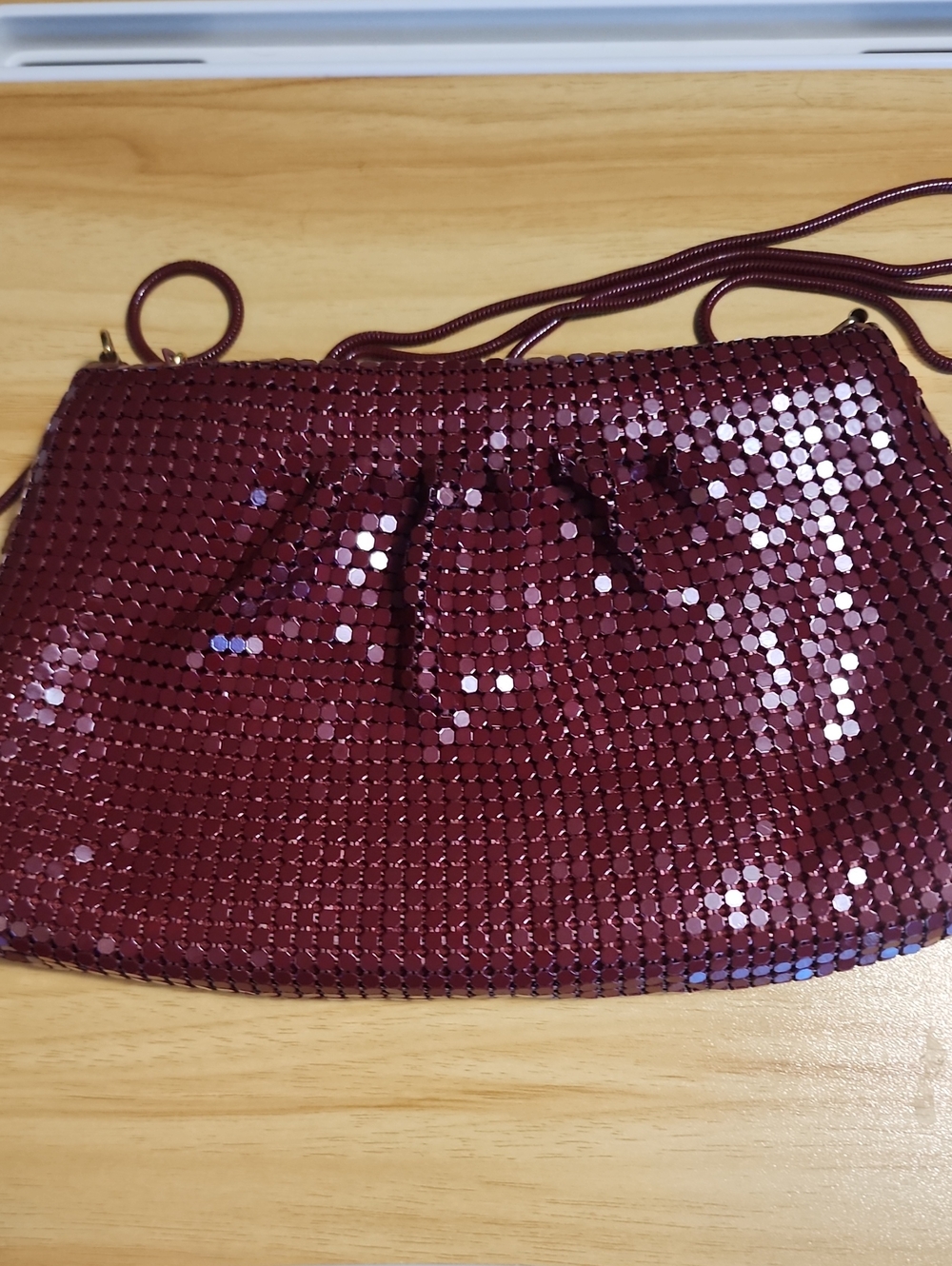 Vintage 80s Burgundy Maroon Metal Mesh Clutch Crossbody Purse Glomesh Style